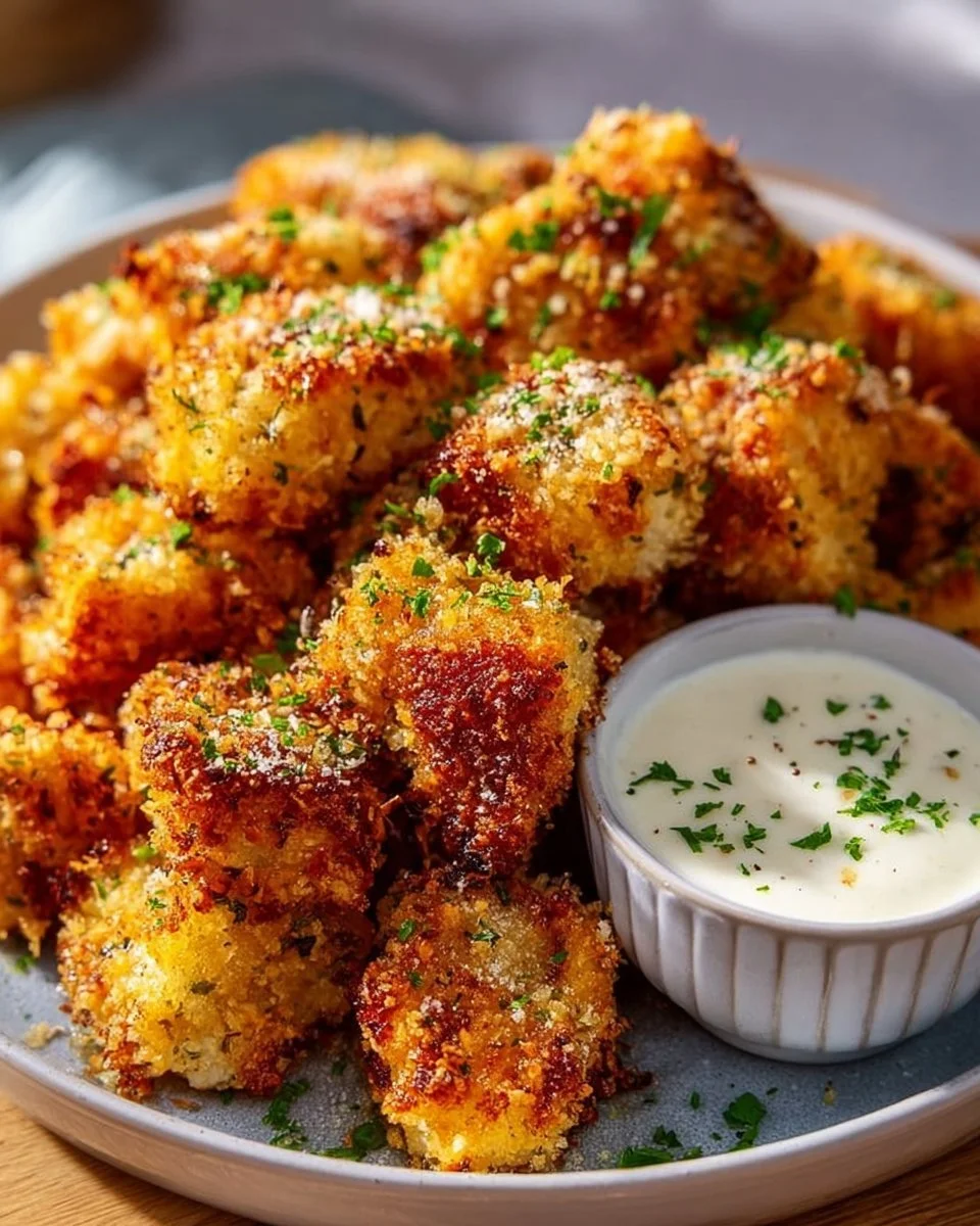 Airfryer Garlic Parmesan Chicken Bites auf einem Teller serviert