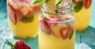 Ananas-Erdbeer-Bowle in einer eleganten Glas-Schüssel mit frischen Früchten