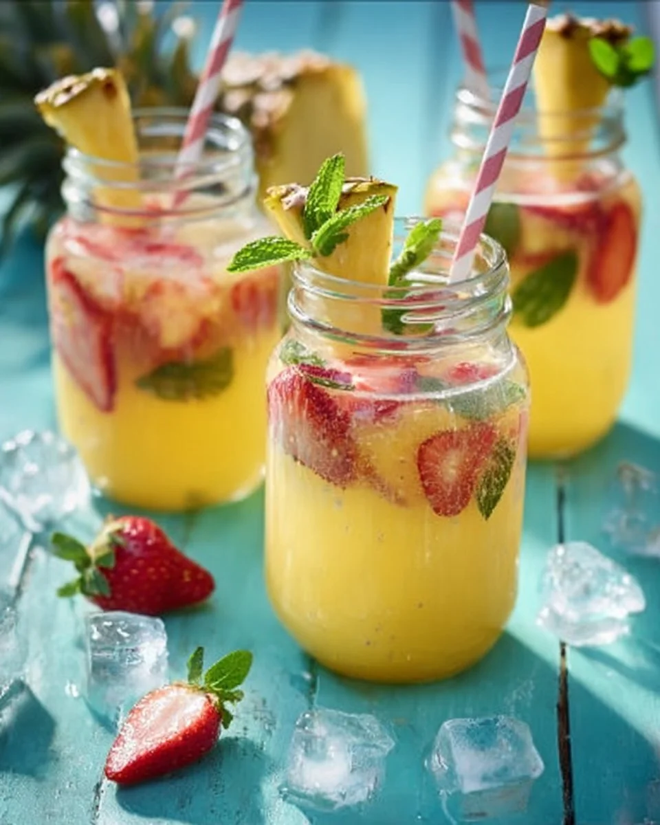 Ananas-Erdbeer-Bowle in einer eleganten Glas-Schüssel mit frischen Früchten