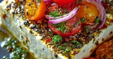 Gebackener Feta-Käse nach griechischer Art, serviert mit frischem Gemüse