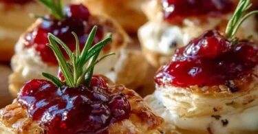 Blätterteig-Häppchen mit Camembert auf einem bunten Teller