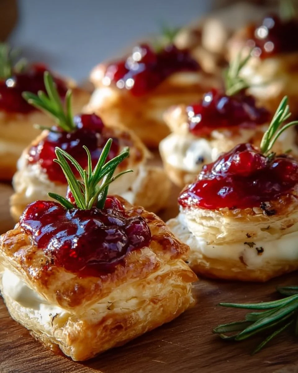 Blätterteig-Häppchen mit Camembert auf einem bunten Teller
