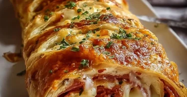 Selbstgemachter Blätterteig-Stromboli mit köstlicher Füllung auf einem Holzbrett