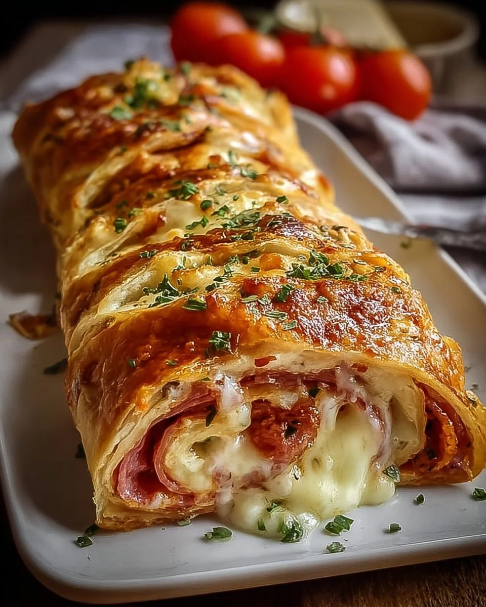 Selbstgemachter Blätterteig-Stromboli mit köstlicher Füllung auf einem Holzbrett