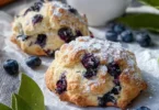 Frisch gebackene Blaubeerbrötchen mit saftigen Blaubeeren auf einem Holzbrett.