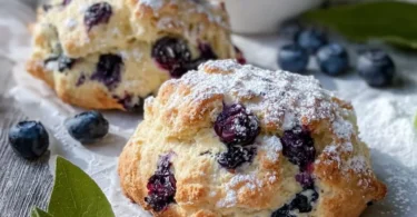 Frisch gebackene Blaubeerbrötchen mit saftigen Blaubeeren auf einem Holzbrett.