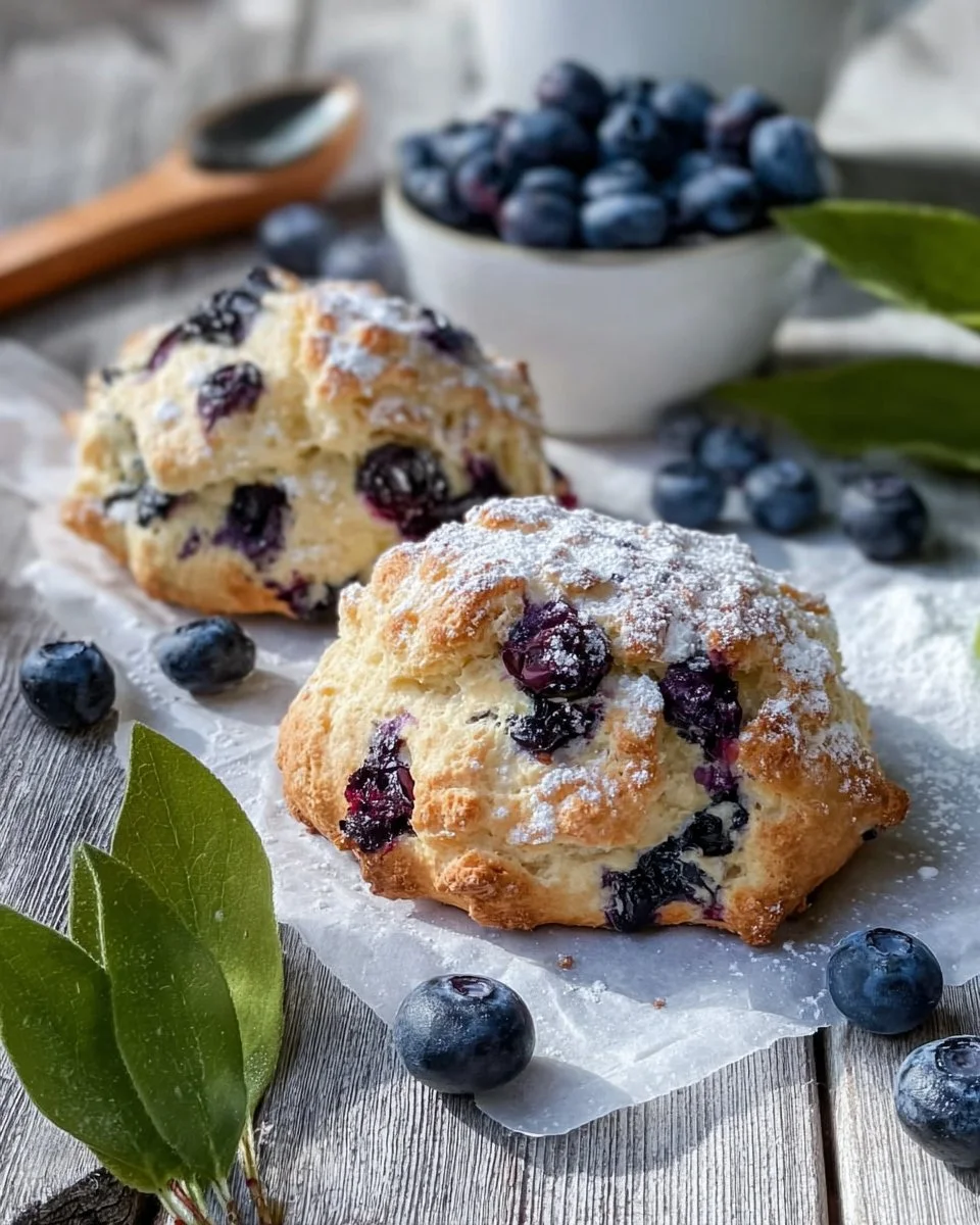 Frisch gebackene Blaubeerbrötchen mit saftigen Blaubeeren auf einem Holzbrett.