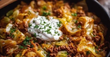 Leckere Spitzkohl-Hackfleisch-Pfanne auf einem Teller serviert