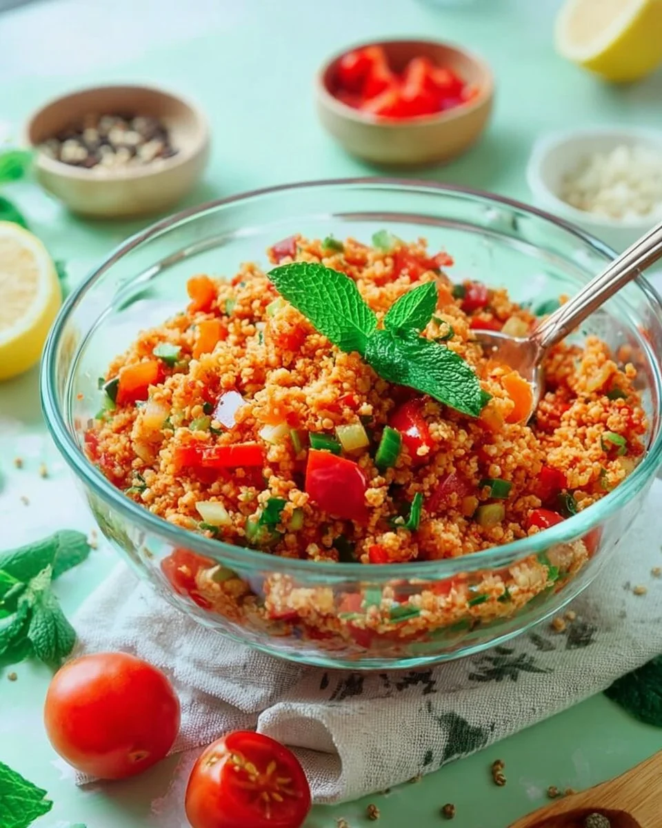 Schüssel mit frisch zubereitetem Bulgursalat mit Gemüse und Kräutern.