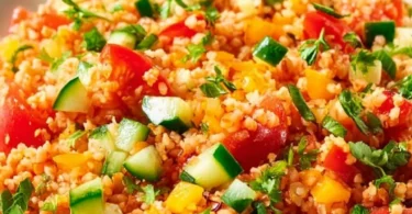 Ein bunter Bulgursalat mit frischem Gemüse und Kräutern in einer Schüssel.
