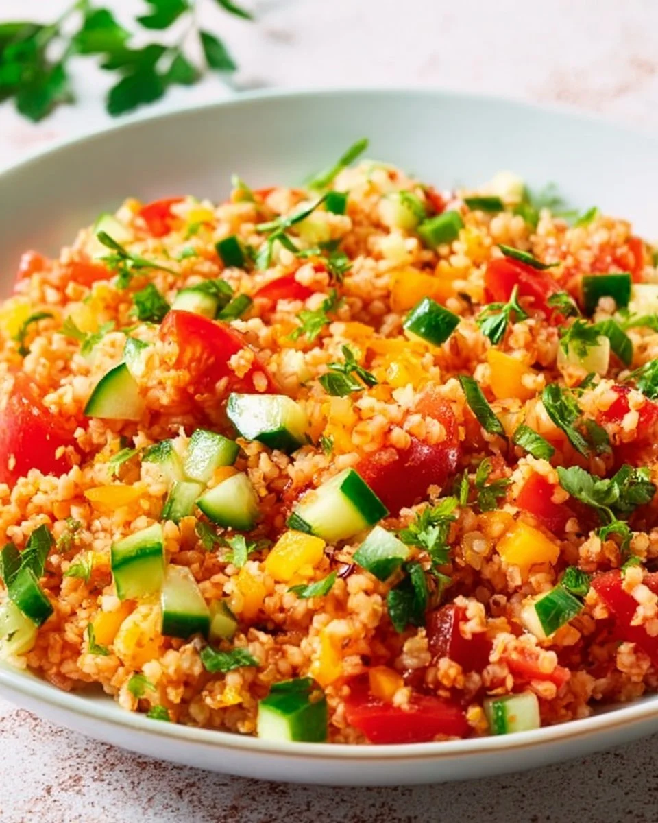 Ein bunter Bulgursalat mit frischem Gemüse und Kräutern in einer Schüssel.