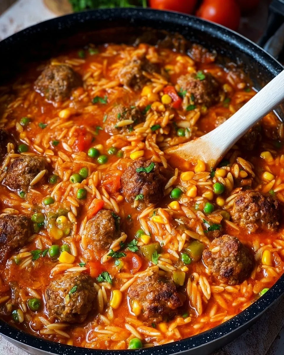 Bunte Orzo-Pfanne mit Hackbällchen und Gemüse für ein köstliches Gericht