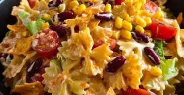 Bunter Taco-Nudelsalat mit Crunch in einer Schüssel, ideal für Sommergerichte