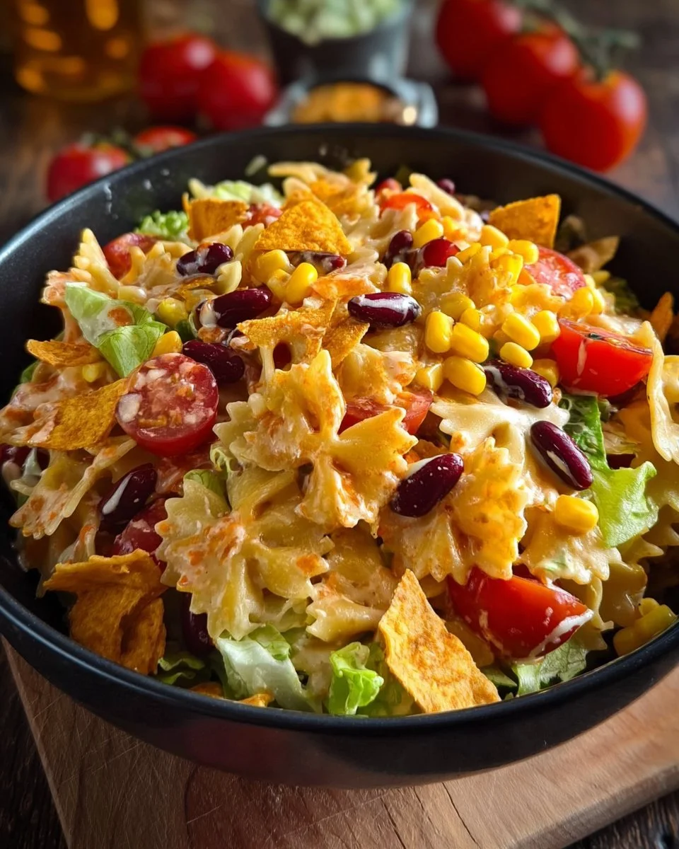 Bunter Taco-Nudelsalat mit Crunch in einer Schüssel, ideal für Sommergerichte
