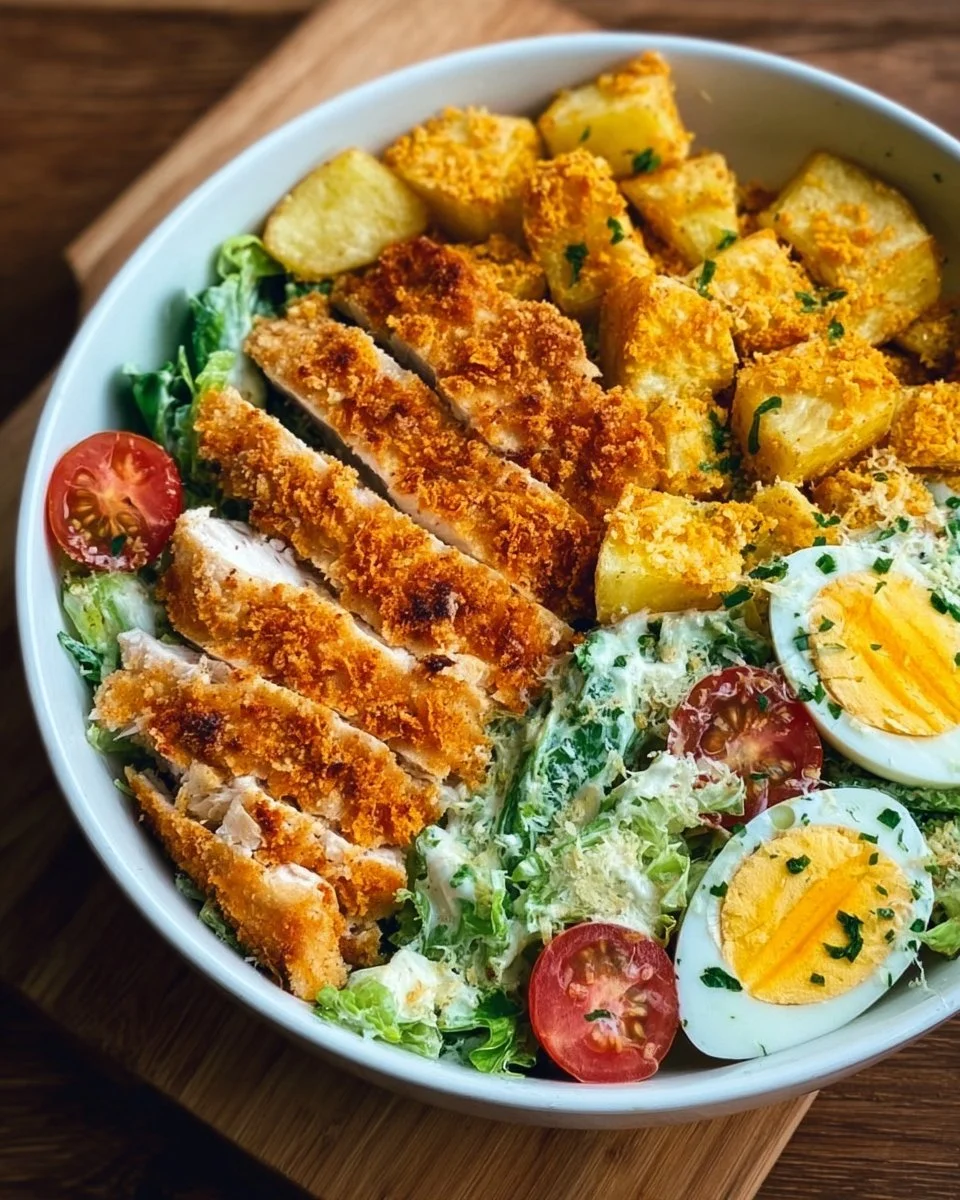 Leckere Caesar-Hähnchen-Bowl mit frischen Zutaten und cremigem Dressing