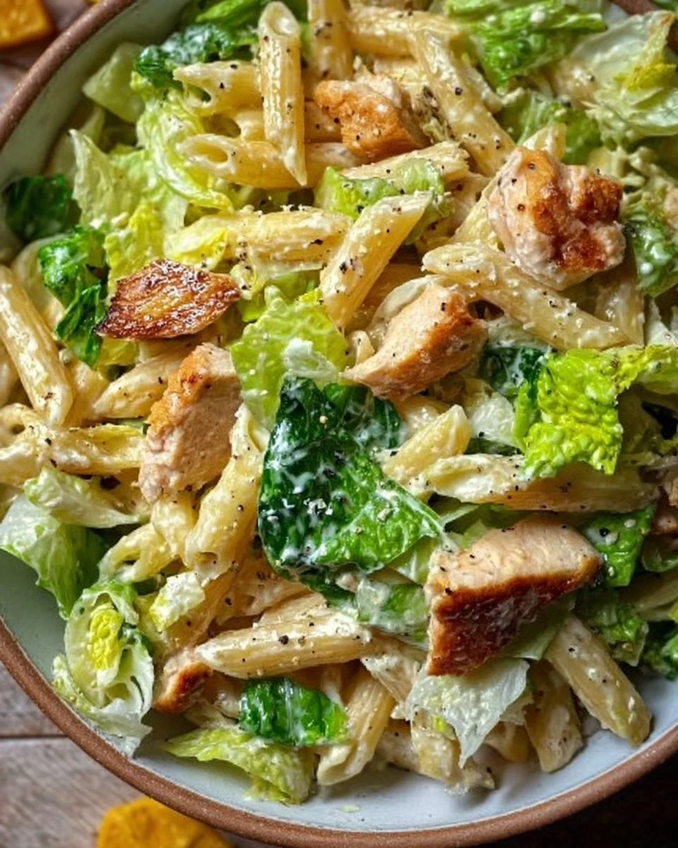 Leckerer Caesar Nudelsalat mit frischen Zutaten und cremigem Dressing.