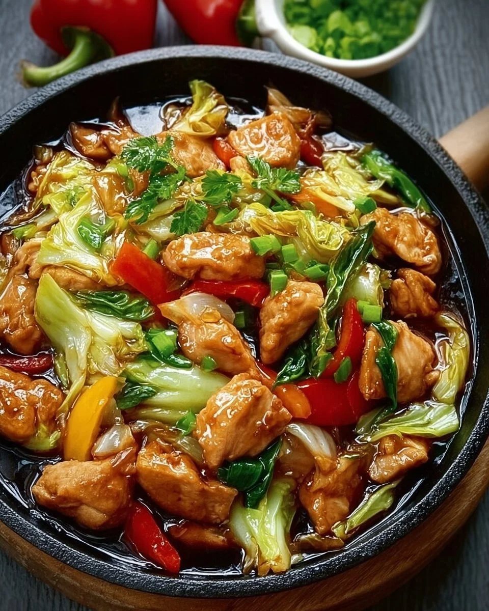Chinesische Hähnchenpfanne mit Spitzkohl und Zwiebel auf einem Teller serviert
