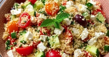 Couscous-Salat mit Feta und frischem Gemüse auf einem Teller