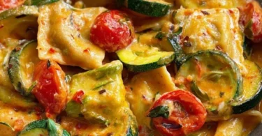 Cremige Maultaschenpfanne mit Zucchini und Tomaten auf einem Tisch serviert.