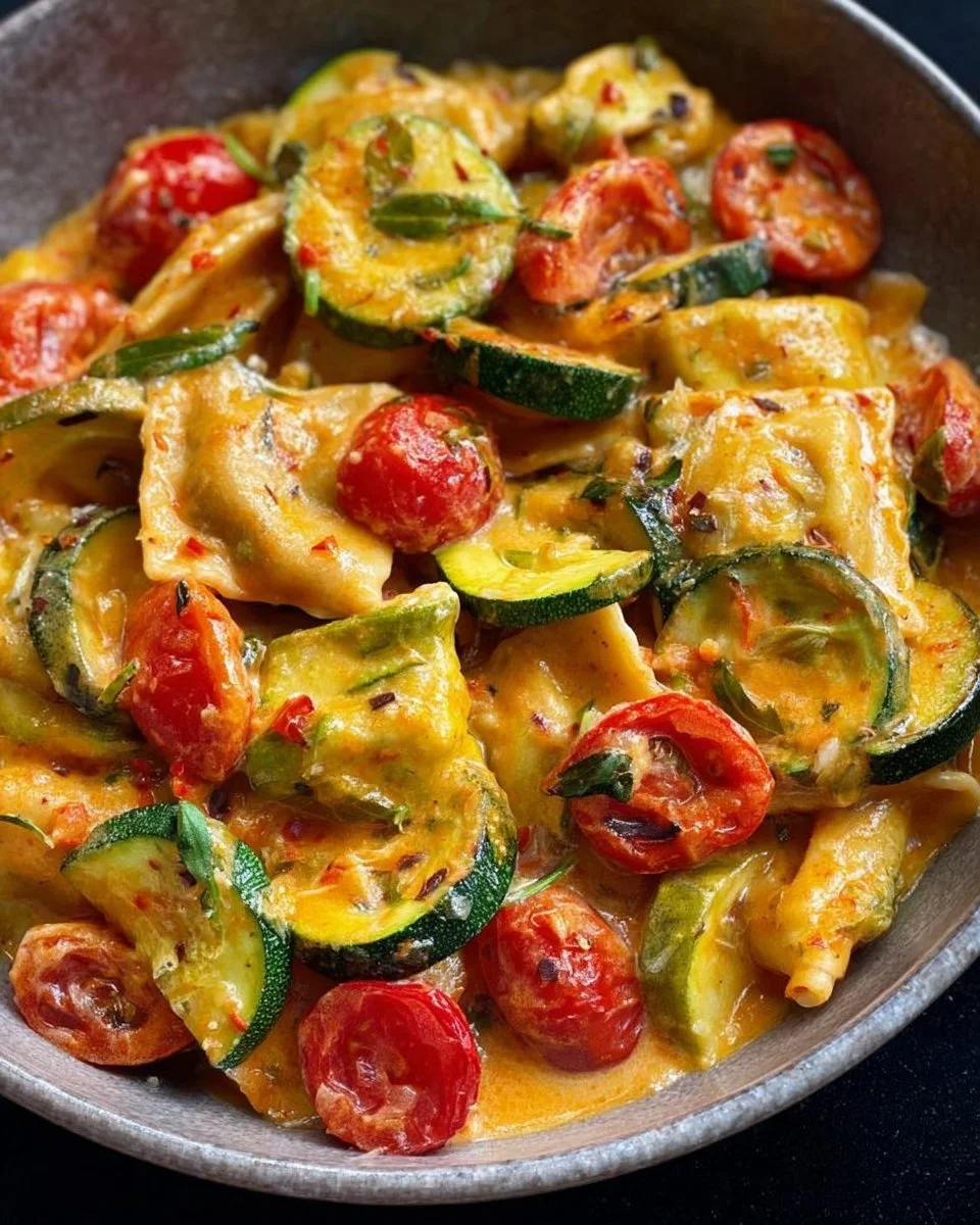 Cremige Maultaschenpfanne mit Zucchini und Tomaten auf einem Tisch serviert.
