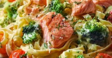 Cremige Pasta mit Lachs, Brokkoli und Tomaten in einer Schüssel angerichtet