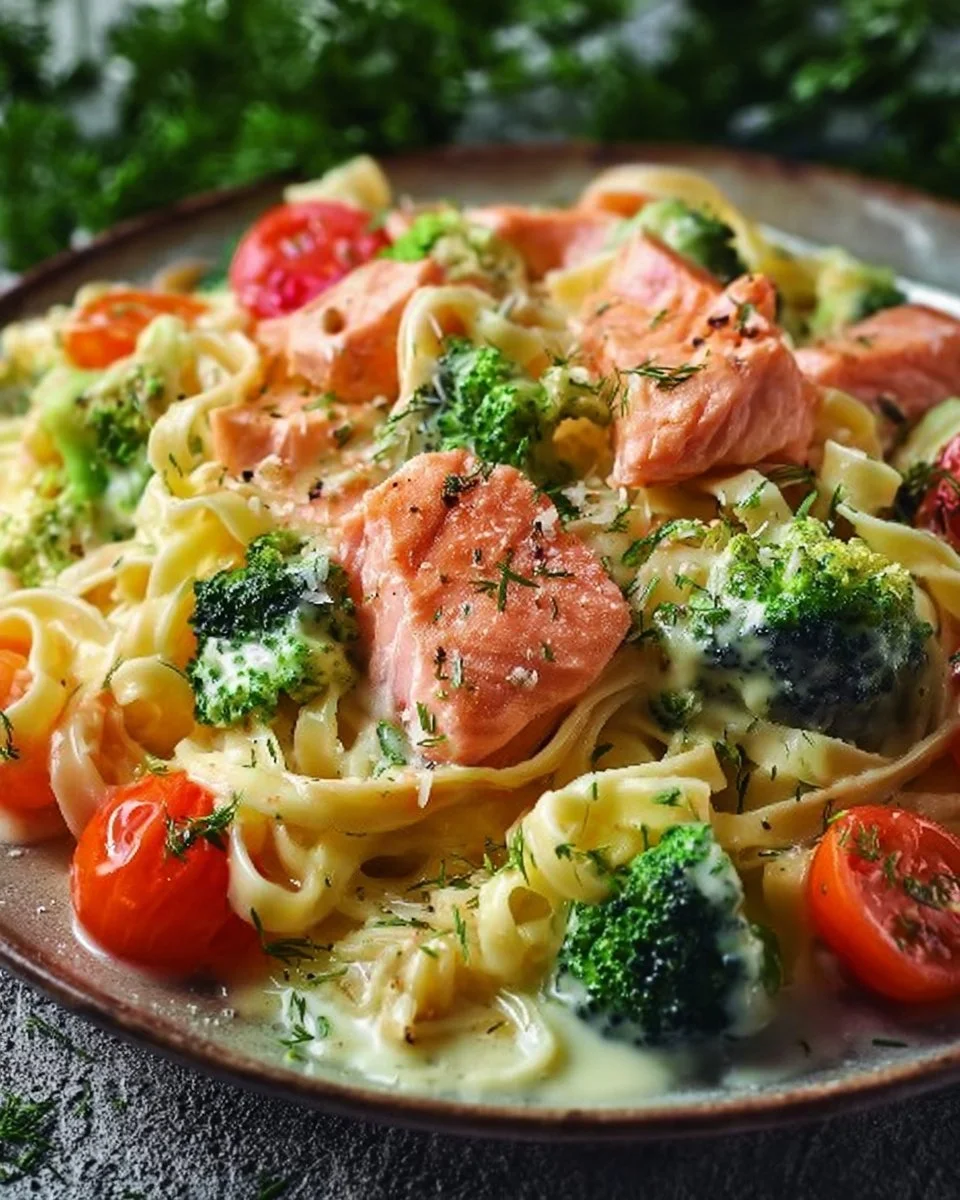 Cremige Pasta mit Lachs, Brokkoli und Tomaten in einer Schüssel angerichtet