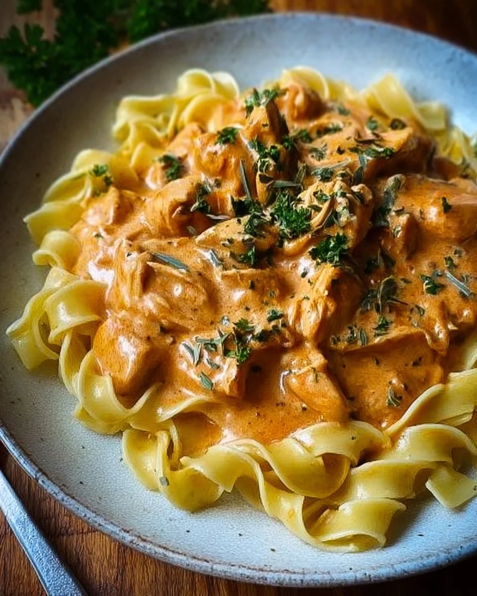 Cremiges Hähnchenragout mit Bandnudeln auf einem Teller angerichtet.