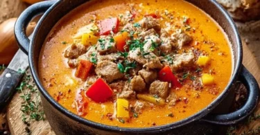 Schüssel mit deftiger Suppe, perfekt für kalte Tage und gesellige Abende.
