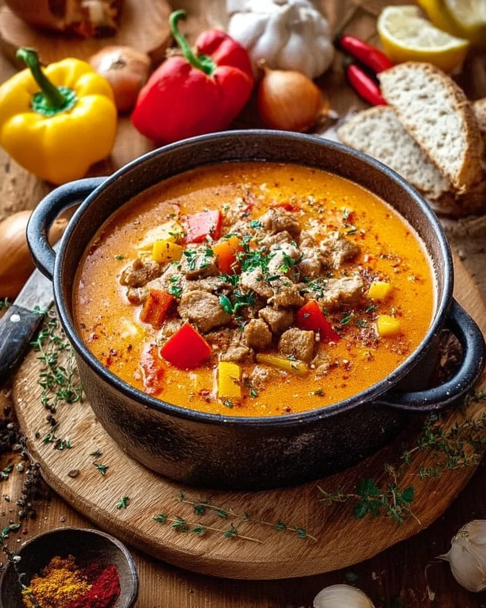 Schüssel mit deftiger Suppe, perfekt für kalte Tage und gesellige Abende.