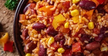 Ein-Pfannen-Reis mit Paprika, Bohnen und Mais in einer Pfanne serviert