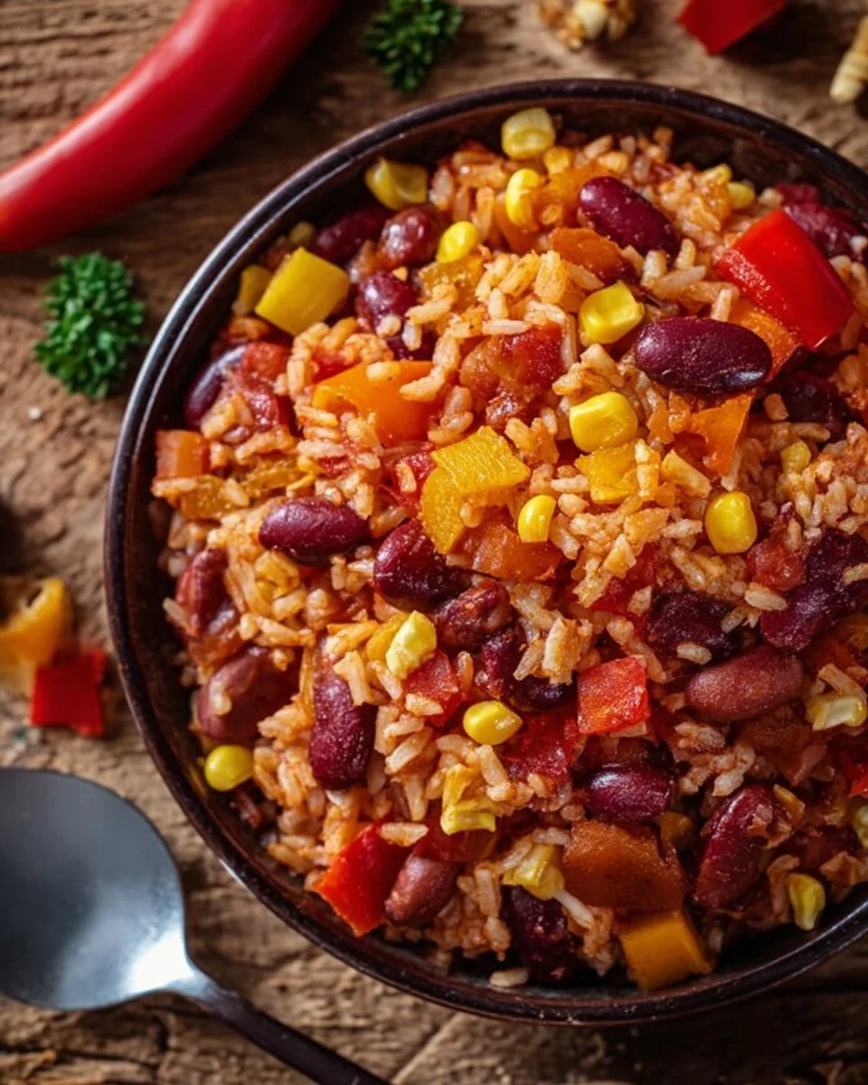 Ein-Pfannen-Reis mit Paprika, Bohnen und Mais in einer Pfanne serviert