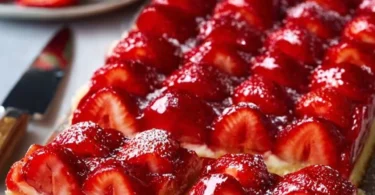 Erdbeerkuchen vom Blech mit frischen Erdbeeren und sahniger Creme