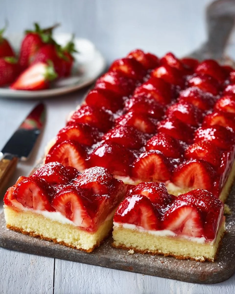 Erdbeerkuchen vom Blech mit frischen Erdbeeren und sahniger Creme