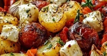 Ofengemüse mit Feta und Kartoffeln, frisch gebacken und lecker serviert.