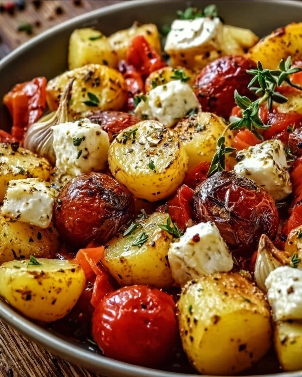 Ofengemüse mit Feta und Kartoffeln, frisch gebacken und lecker serviert.