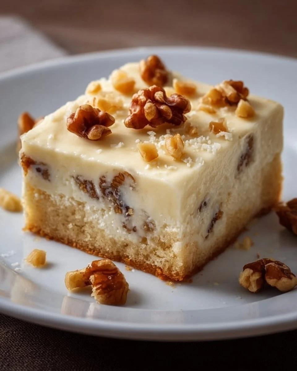 Friss dich dumm Kuchen mit Pudding und Walnüssen auf einem gedeckten Tisch
