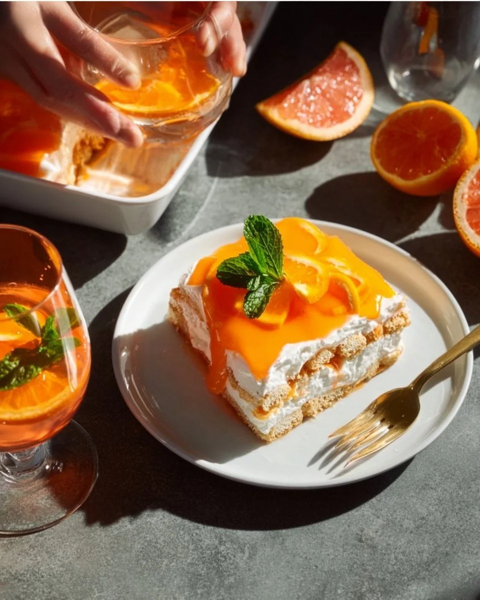 Fruchtiges Aperol Spritz-Tiramisu mit frischen Zutaten und einer köstlichen Schichtcreme