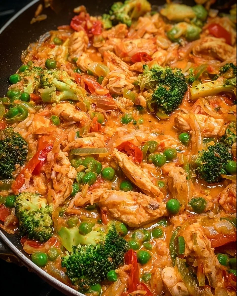Gemüsepfanne mit Hähnchen, bunt und gesundes Abendessen