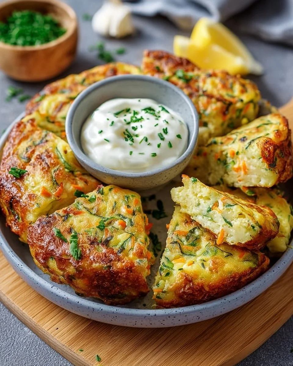 Leckere Gemüsepfannkuchen mit Kräuterdip auf einem Teller