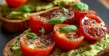 Geröstetes Brot mit Avocadobutter und buntem Tomatensalat auf einem Teller