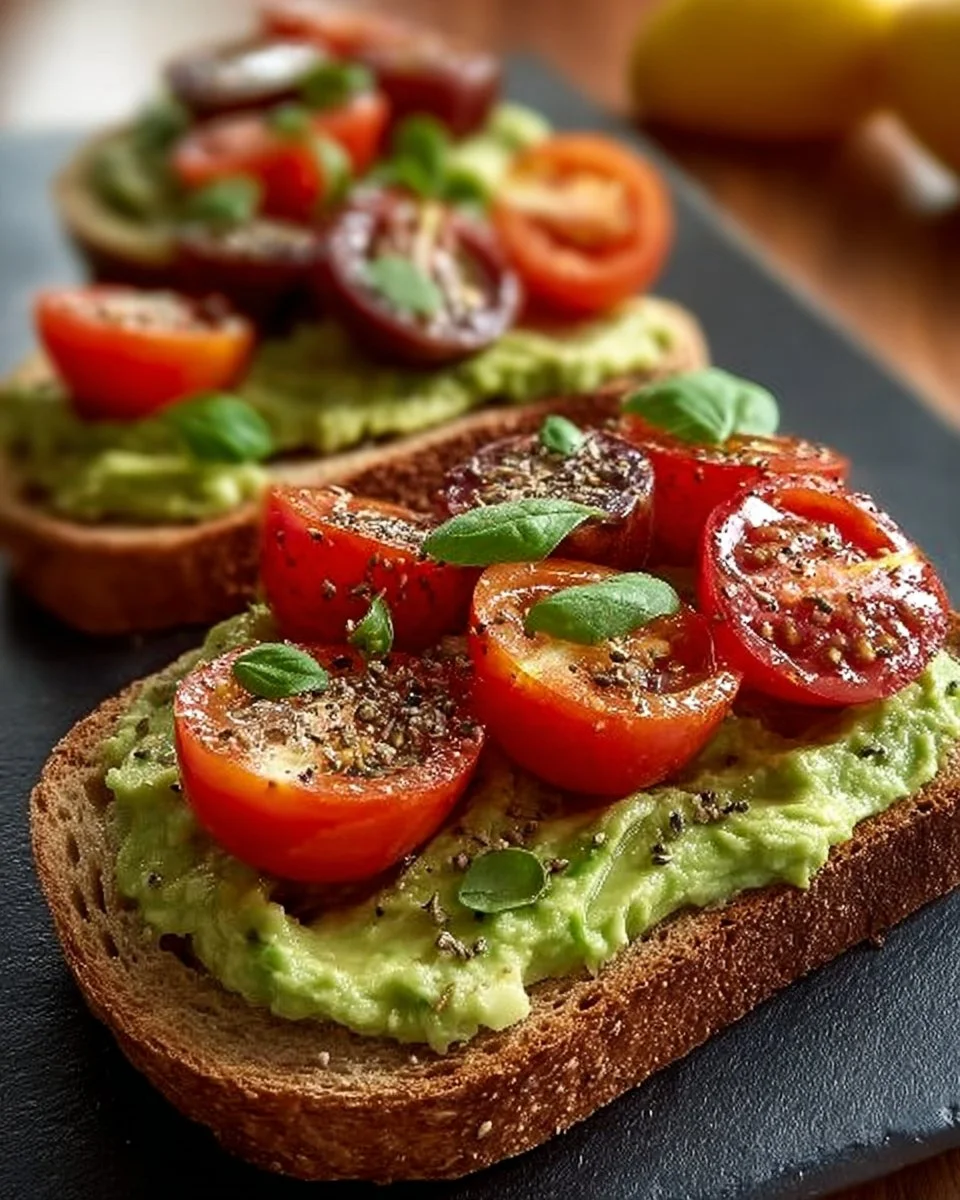 Geröstetes Brot mit Avocadobutter und buntem Tomatensalat auf einem Teller