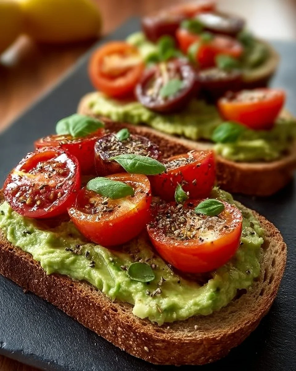 Geröstetes Brot mit Avocadobutter und Tomatensalat