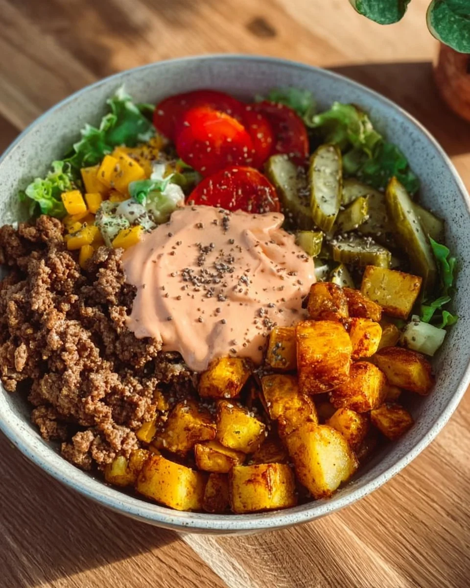 Gesunde Burger Bowl mit frischen Zutaten und köstlichem Dressing