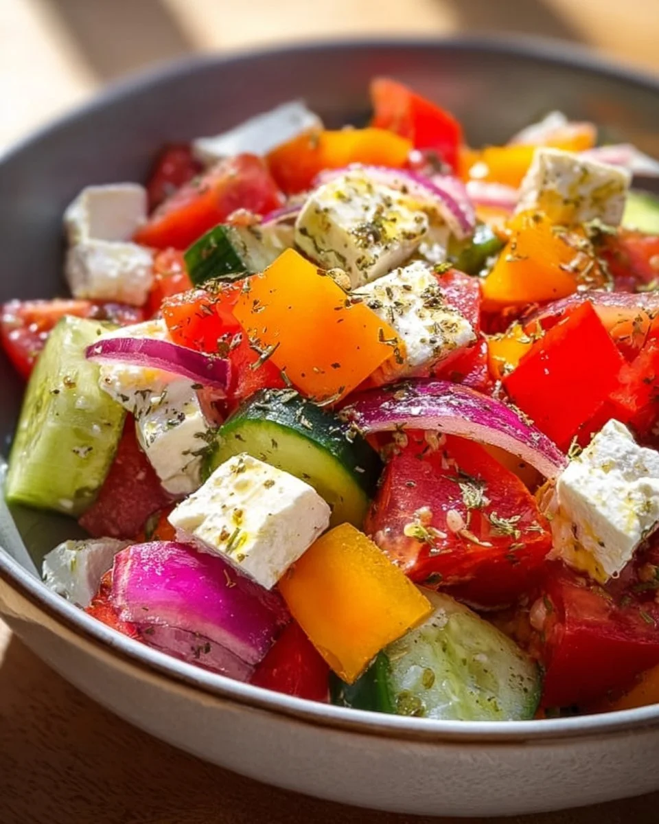 Schüssel mit griechischem Bauernsalat, frisch und gesund angereichert mit Gemüse.