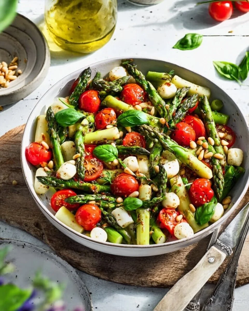 Grüner Spargel Salat mit Tomaten und Mozzarella in einer bunten Schüssel