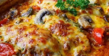 Hähnchen Auflauf im Backofen serviert auf einem weißen Teller