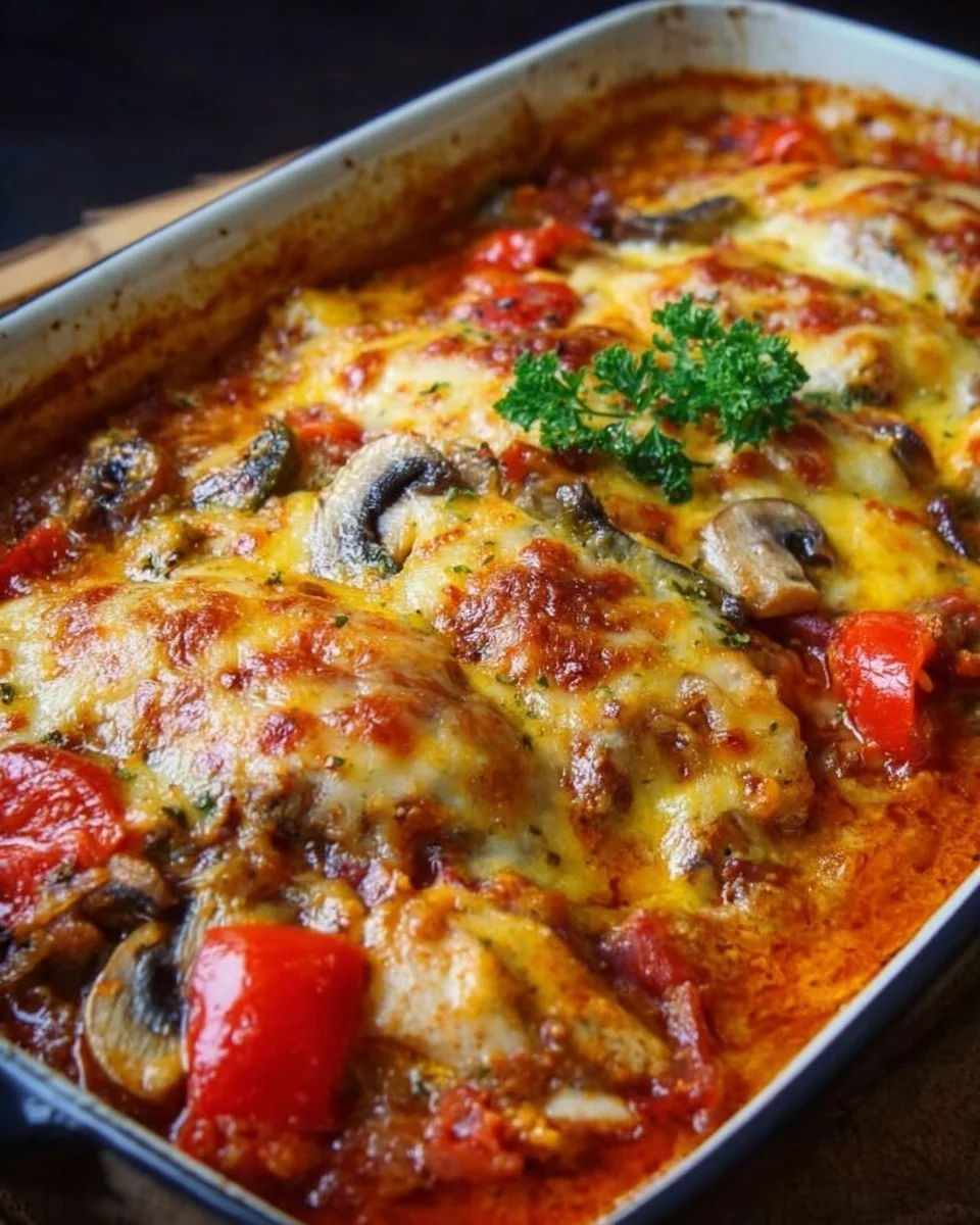Hähnchen Auflauf im Backofen serviert auf einem weißen Teller