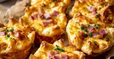 Herzhafte Muffins mit Schinken und Käse frisch gebacken auf einem Holzbrett