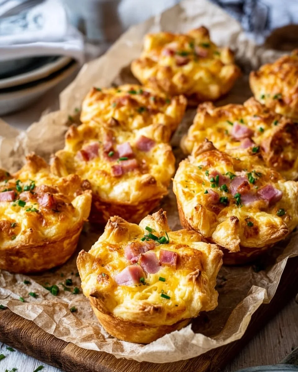 Herzhafte Muffins mit Schinken und Käse frisch gebacken auf einem Holzbrett