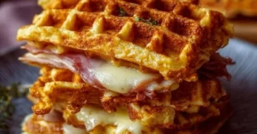 Herzhafte Waffeln mit Schinken und Käse auf einem Teller serviert
